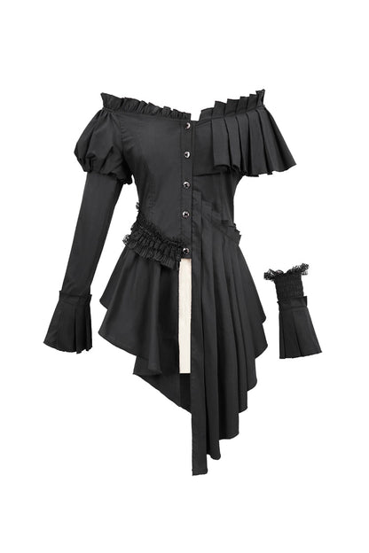 Black Off Shoulder Front Chest Frill Irregular Hem Women's Gothic Blouse