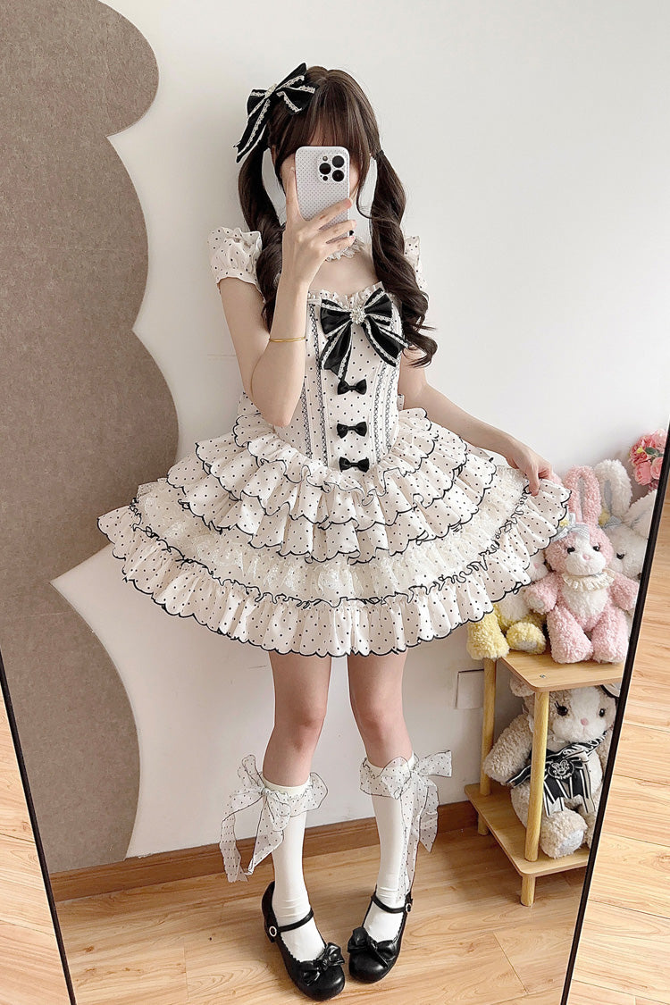 Beige Sleeveless Multi-Layered Polka Dots Printed Ruffled Bow Sweet Princess Lolita Jsk Dress