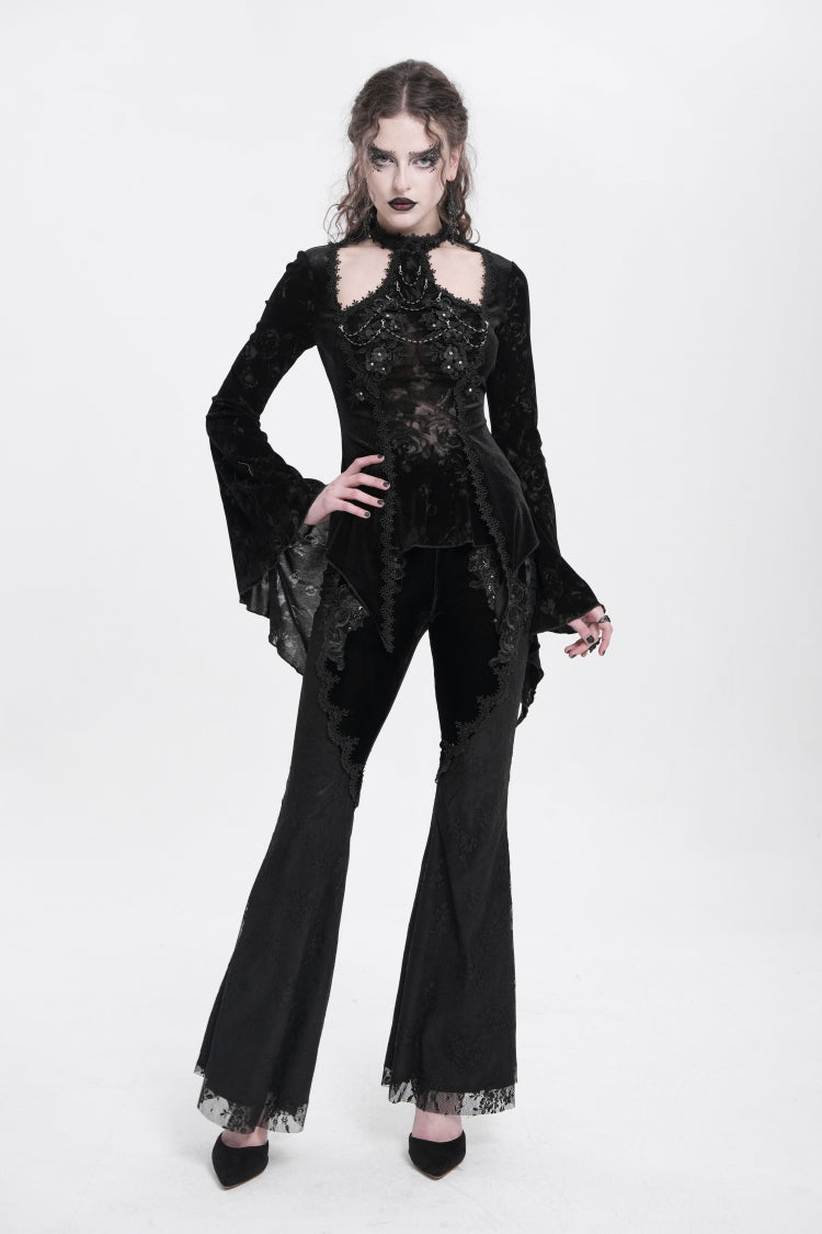 Black Halterneck Long Trumpet Sleeves Jacquard Embroidery Women's Gothic Blouse