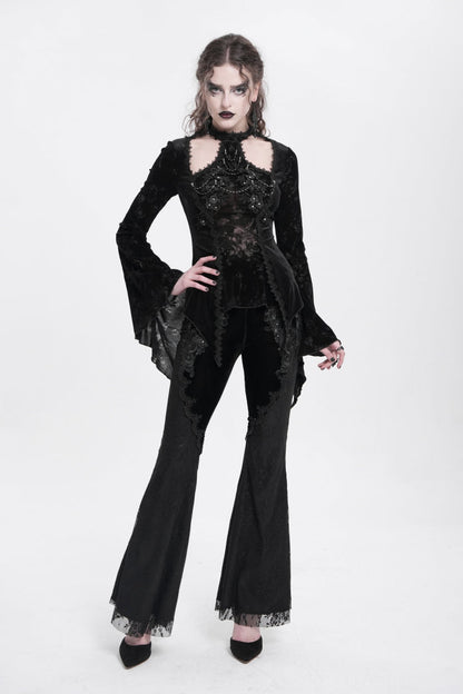 Black Halterneck Long Trumpet Sleeves Jacquard Embroidery Women's Gothic Blouse