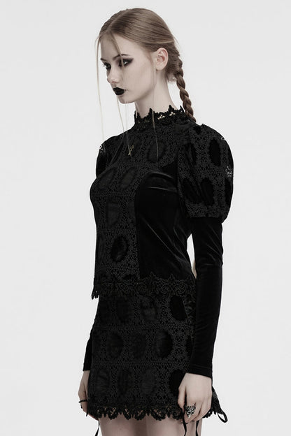 Black Long Puff Sleeves Print Embroidery Women's Gothic Blouse