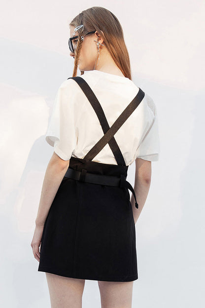 Black Metal Ring Shoulder-Strap Buckle Belt Split Hem A-Shaped Women's Punk Skirt