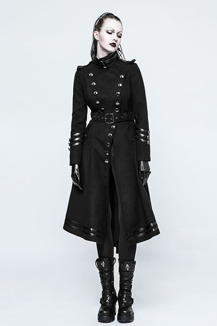 Black Military Uniform Double Breasted Womens Long Gothic Coat With Belt