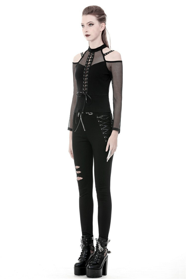 Black Off Shoulder Long Sleeves Lace-Up Mesh Women's Punk Top