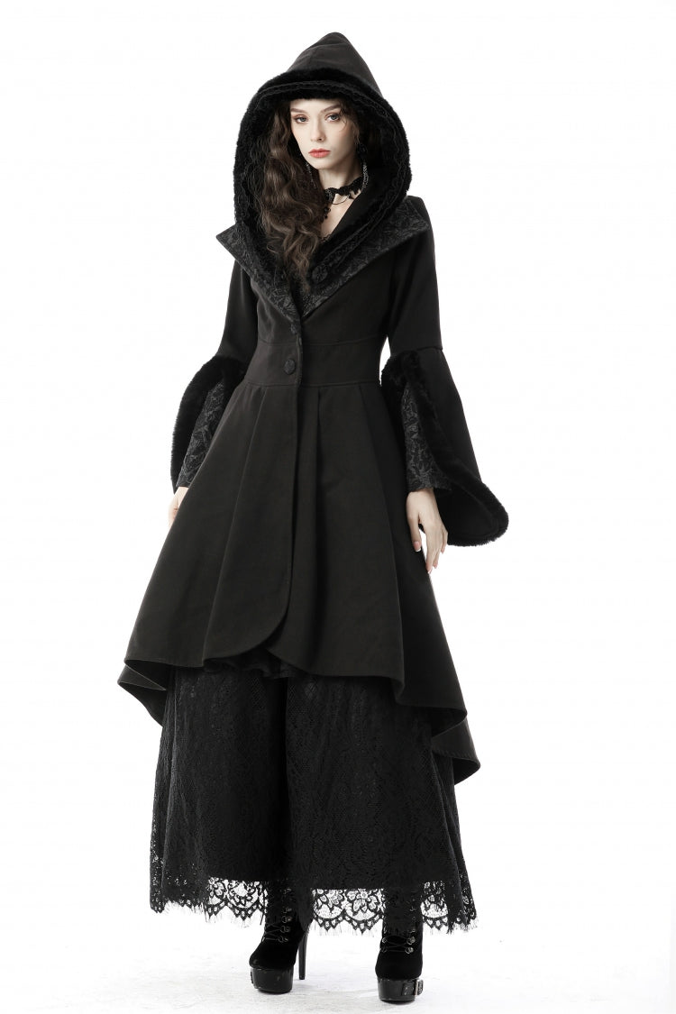 Black Lapel Collar Long Sleeves Women's Gothic High Low Woolen Dovetail Coat with Hood