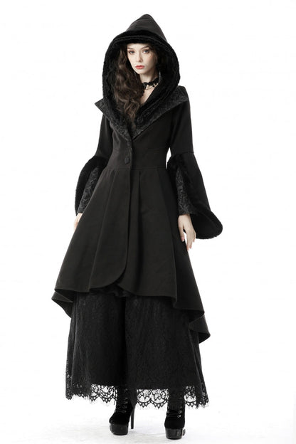 Black Lapel Collar Long Sleeves Women's Gothic High Low Woolen Dovetail Coat with Hood