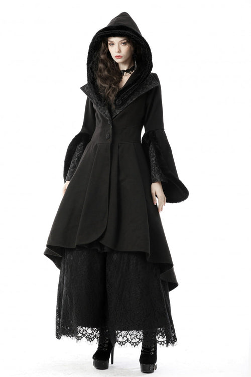 Black Lapel Collar Long Sleeves Women's Gothic High Low Woolen Dovetail Coat with Hood