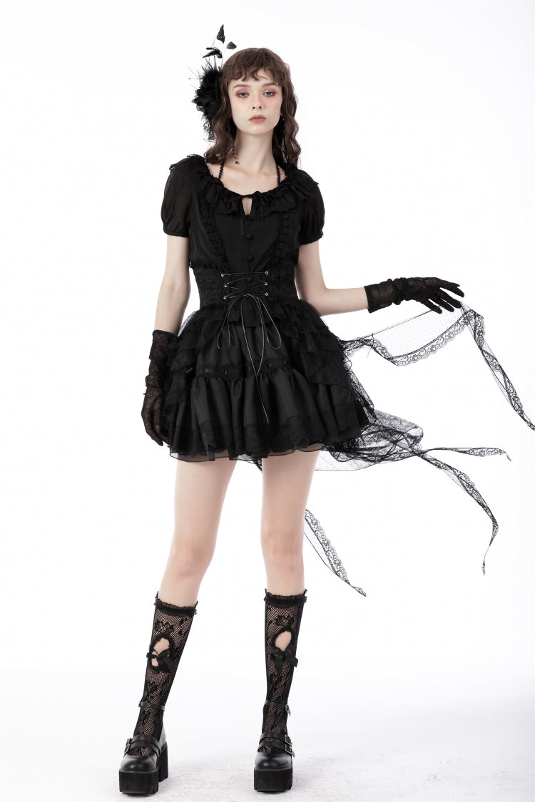 Black Lace-Up Multi-Layered Lace Women's Gothic Fishtail High Low Tunic Skirt