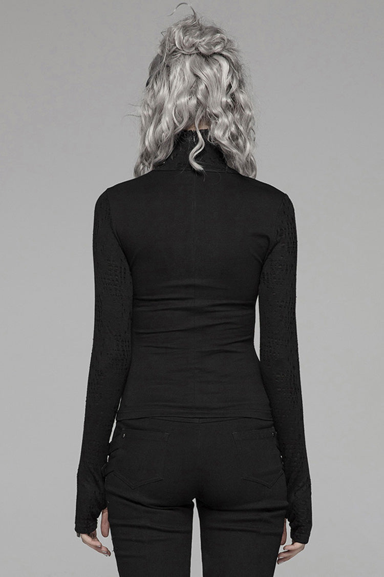 Black Long Sleeve High Collar Front Chest Hollow-Out Irregular Pleats Splice Broken Holes Knit Slit Hem Women's Punk T-Shirt