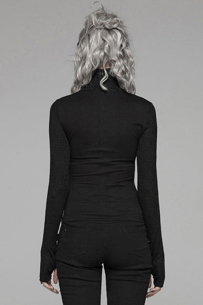 Black Long Sleeve High Collar Front Chest Hollow-Out Irregular Pleats Splice Broken Holes Knit Slit Hem Women's Punk T-Shirt