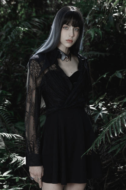 Black Long Sleeves Print Embroidery Lace Women's Gothic Shirt