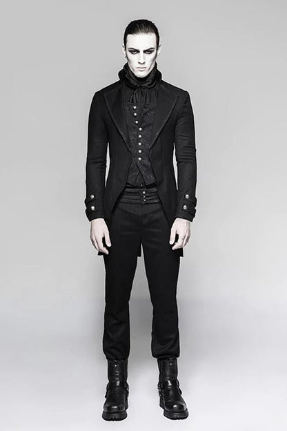 Black Fake Two-Pieces Metal Button Long Sleeves Jacquard Print Mens Gothic Coat