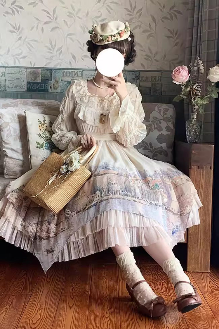 Apricot [Adria] Multi-Layered Printed Irregular Sweet Lolita Jsk Dress