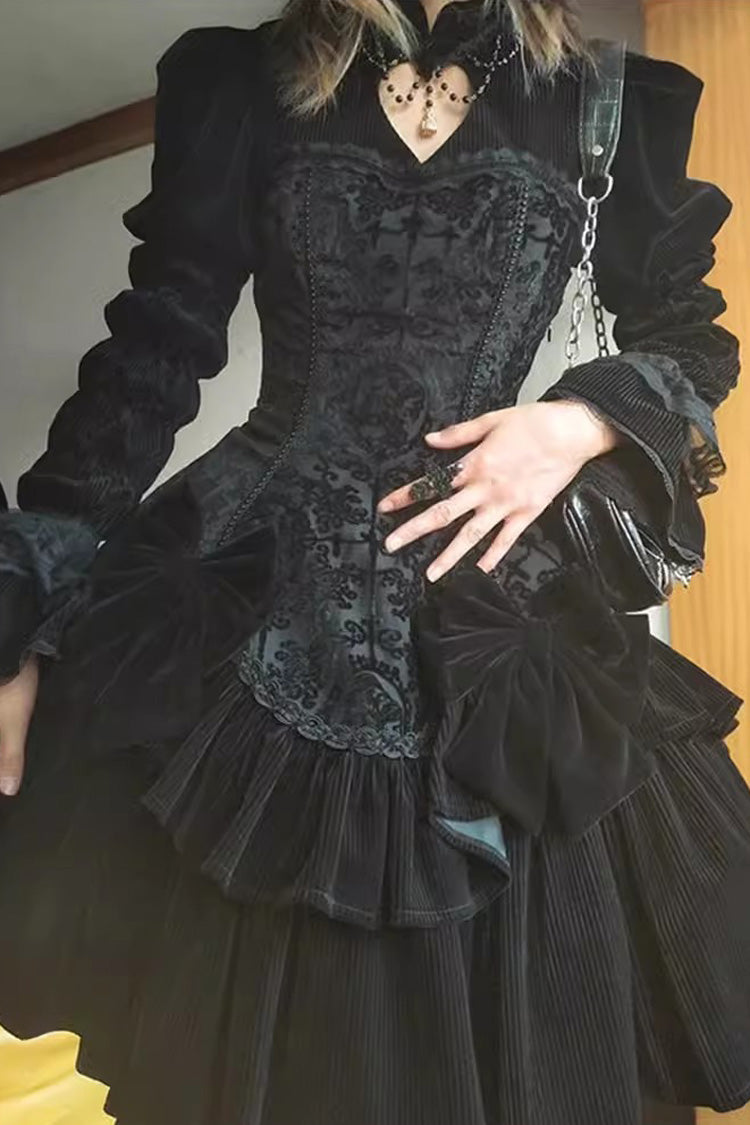 Black Long Sleeves Jacquard Print Ruffle Classic Gothic Lolita Dress