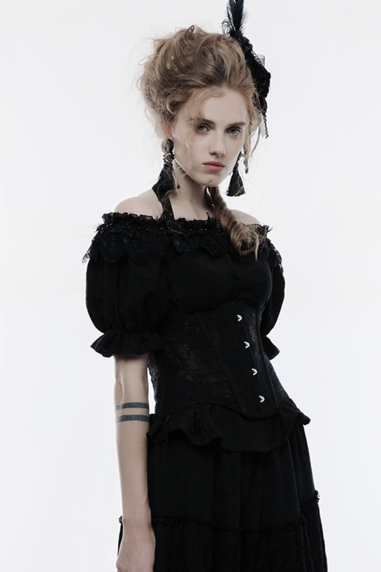Black Halterneck Jacquard Lace-Up Women's Breast Support Gothic Vest