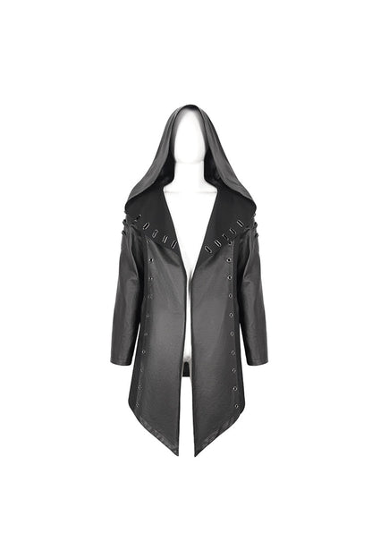 Black Irregular Eyelet Men's Gothic Jacket With Hood