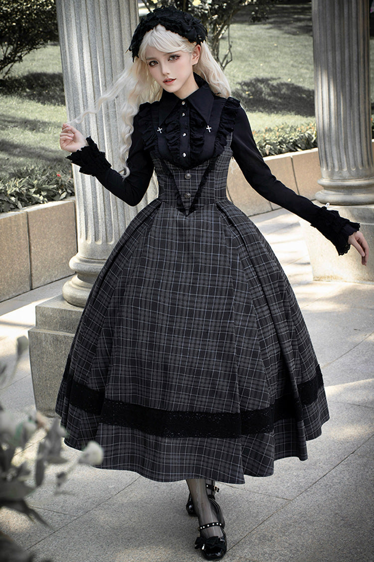 Black Chest Support Plaid Print Ruffle Gothic Lolita Dress