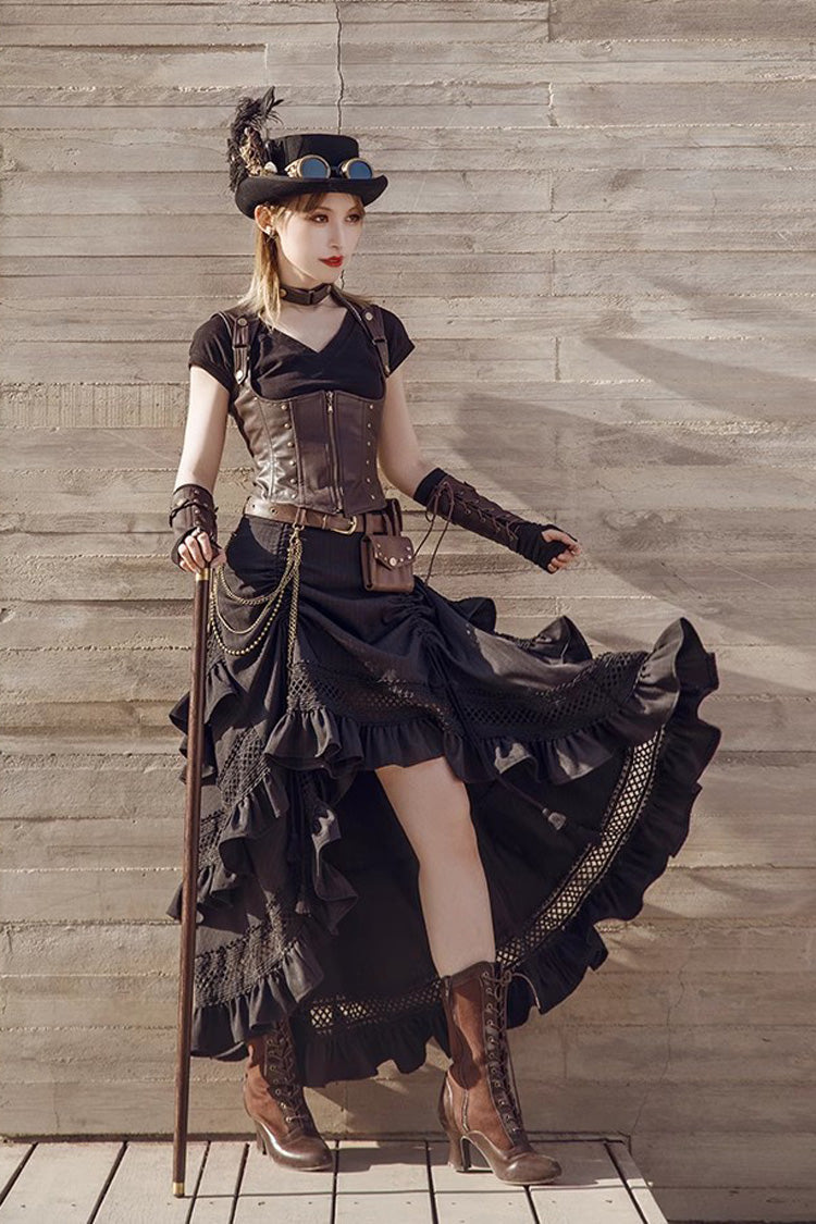 Black Multi-layer Ruffle Hollow Tassel Drawstring Gothic Punk Long Skirt