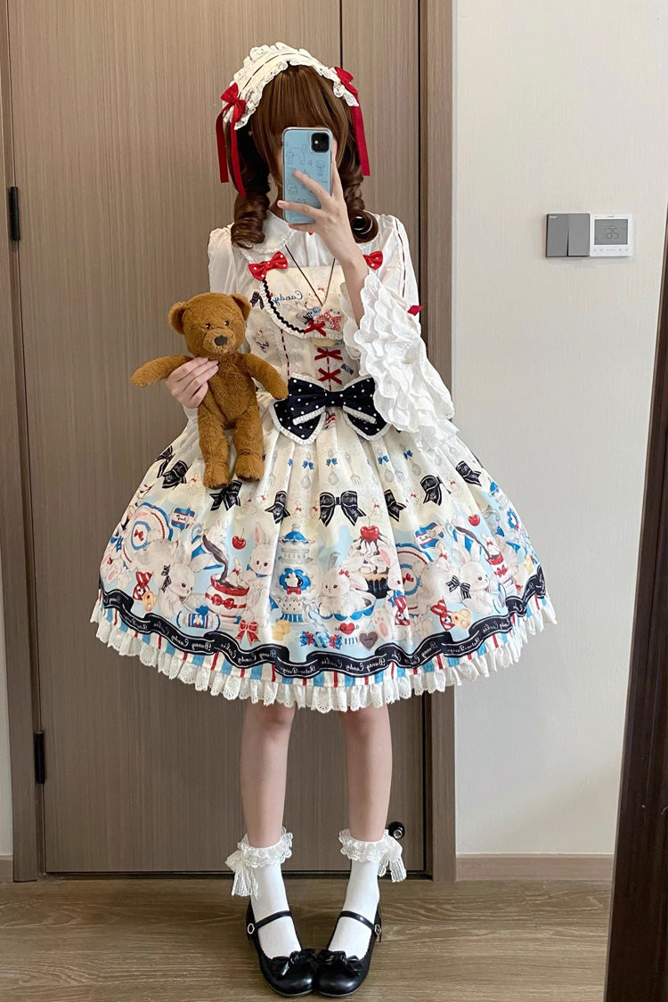 Beige [Mystery Rabbit Tea Party] Sleeveless Print Ruffle Bowknot Lace Sweet Lolita Jsk Dress