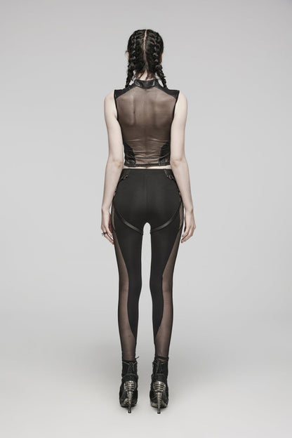 Black Cut-Out Spliced Lace-Up Slim Mesh Eyelet Women's Punk Leggings