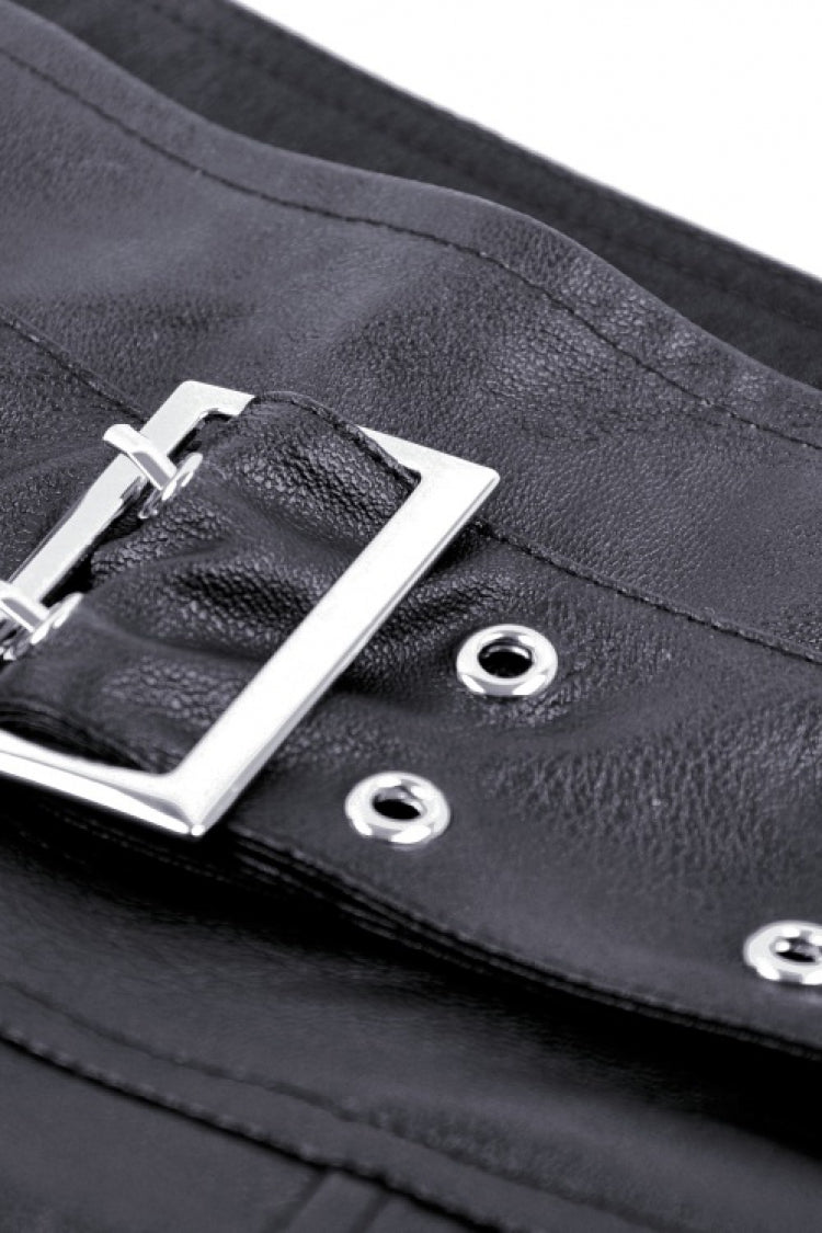 Black Faux Leather Metal Belt Buckled Pleated Women's Punk Mini Skirt