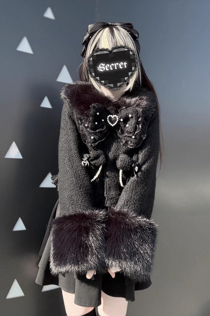 Black Long Sleeves Bow Sheep Wool Gothic Jirai Kei Japanese Short Coat