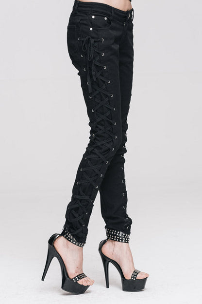 Black Lace Up Punk Classic Stretchy Womens Pants