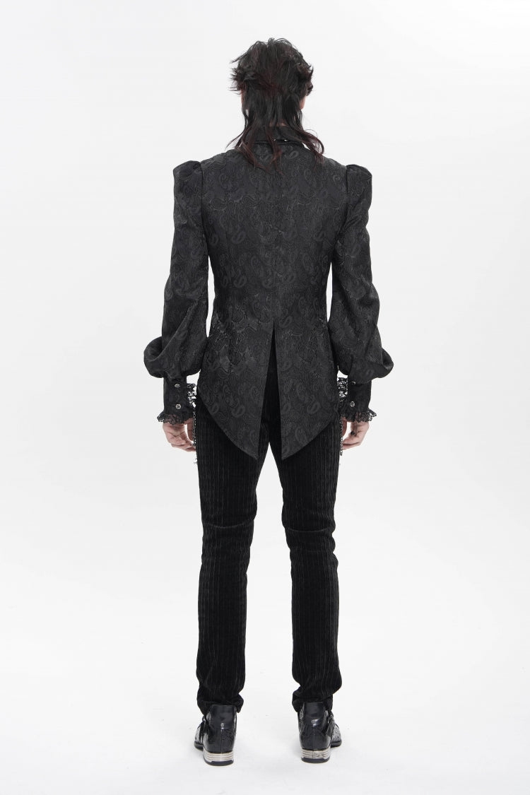 Black Lapel Collar Long Lantern Sleeves Jacquard Embroidered Lace Men's Gothic Palace Swallow-tailed Shirt with Necktie