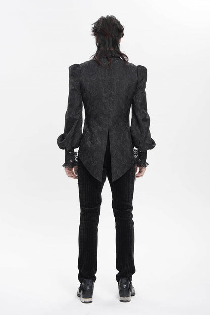 Black Lapel Collar Long Lantern Sleeves Jacquard Embroidered Lace Men's Gothic Palace Swallow-tailed Shirt with Necktie
