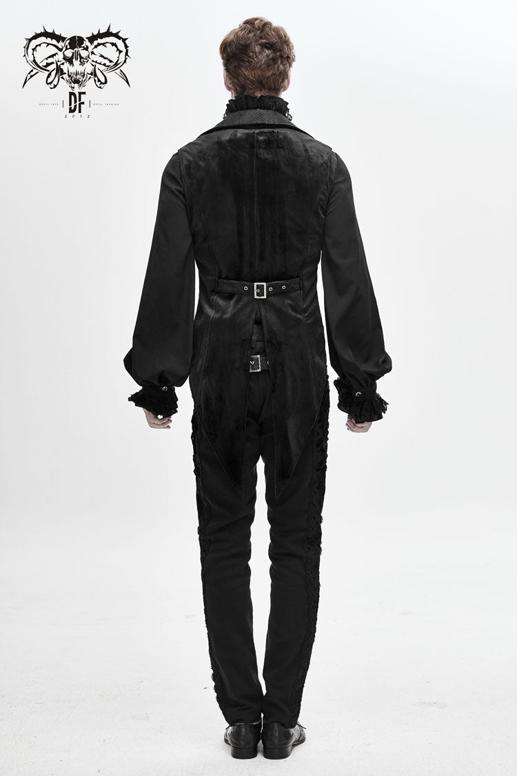 Black Fake Two Piece Leather Embroidered Swallow Tail Hem Men's Gothic Waistcoat