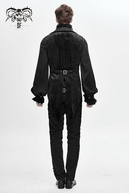 Black Fake Two Piece Leather Embroidered Swallow Tail Hem Men's Gothic Waistcoat