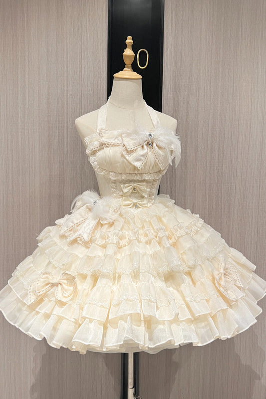 Apricot [Swan Overture] Halterneck Sleeveless Multi-Layered Ruffle Bowknot Lace Sweet Lolita Dress