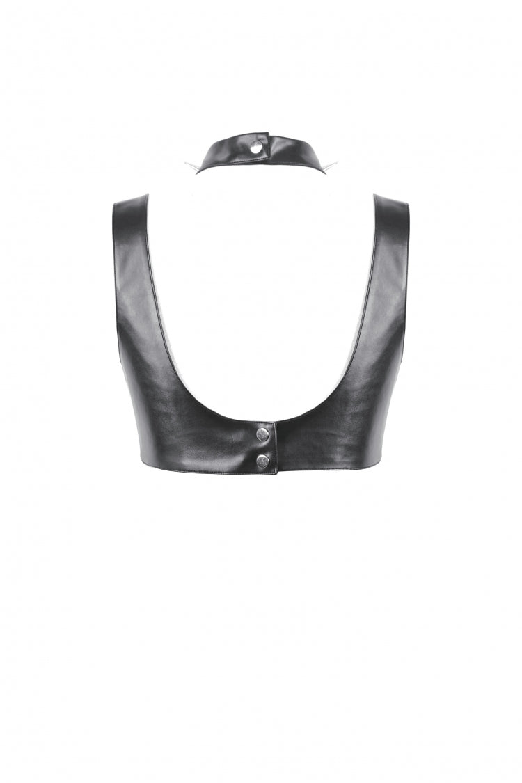 Black Metal Studded Women's Punk Faux Leather Bustier Crop Top with Adjustable Clasps