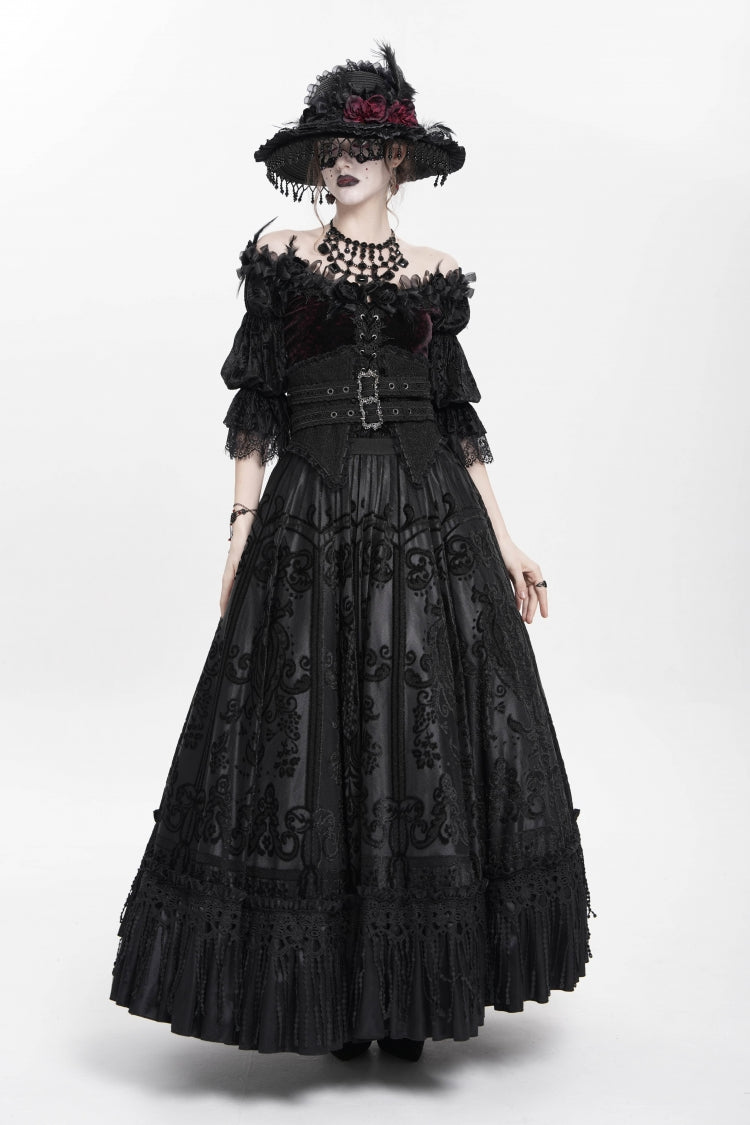 Black Jacquard Embroidery Buckle Tassels Women's Gothic Long Skirt