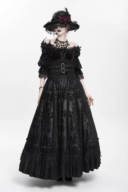 Black Jacquard Embroidery Buckle Tassels Women's Gothic Long Skirt