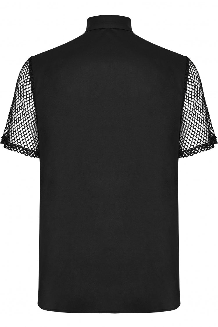 Black Lapel Collar Short Sleeves Mesh Stitching Men's Punk Blouse