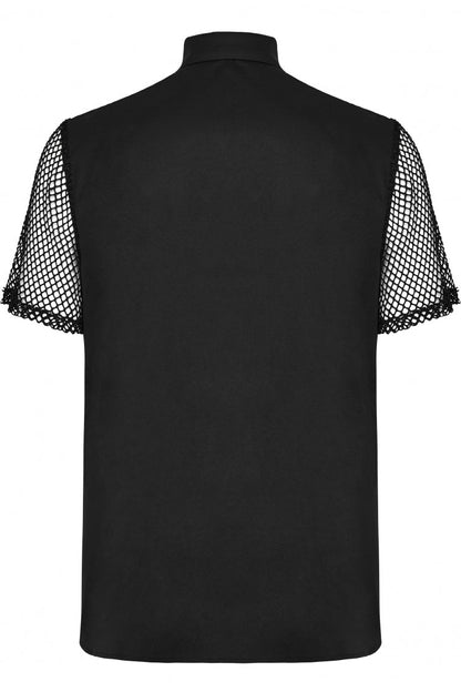 Black Lapel Collar Short Sleeves Mesh Stitching Men's Punk Blouse
