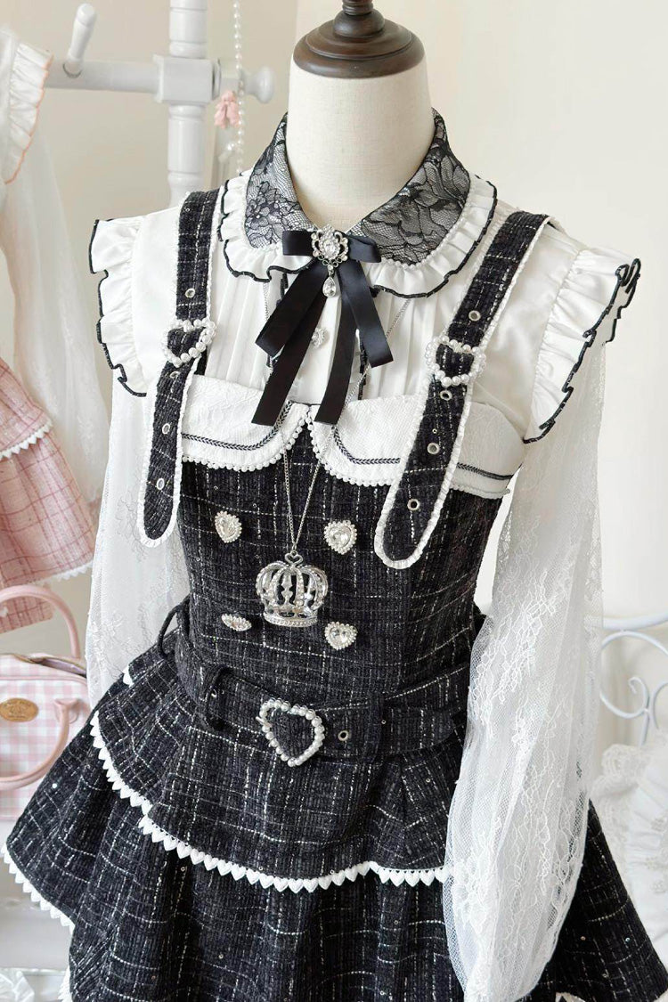 Black Plaid Printed Pearl-Decorated Sweet Jirai Kei Japanese Strap Dress Set