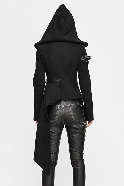 Black Hooded Asymmetrical Zipper Womens Punk Jacket