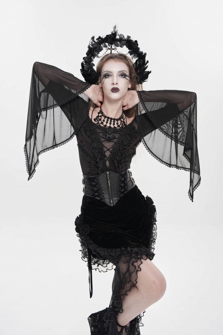 Black Crochet Lace-Up Slim Zippered Women's Gothic Accessory Zip Girdle