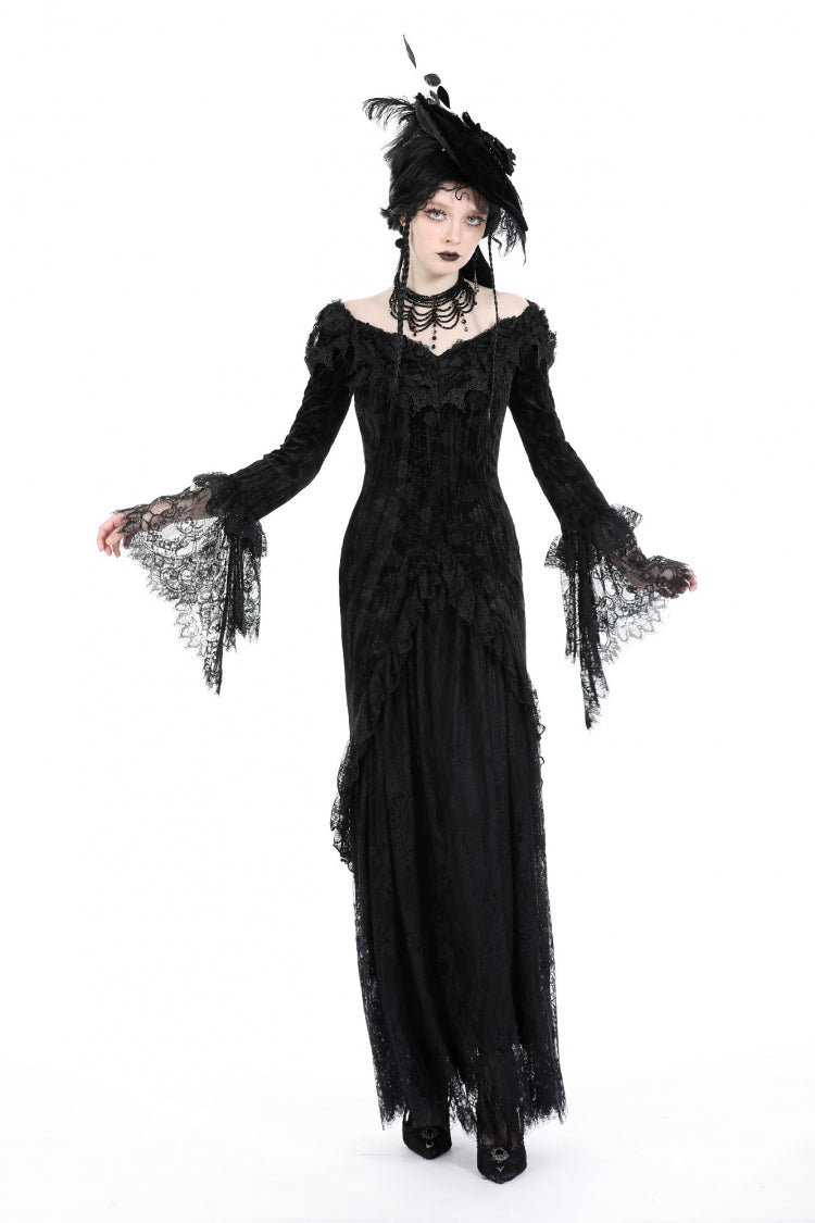 Black Off Shoulder Lace Long Trumpet Sleeves Lace-Up Women's Gothic Bodycon Dress