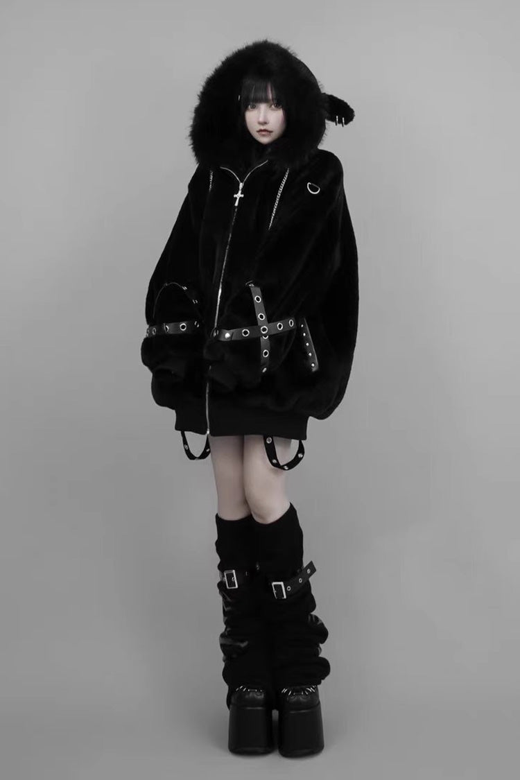 Black Long Sleeves Lamb Ears Hooded Rivet Punk Japanese Jirai Kei Coat