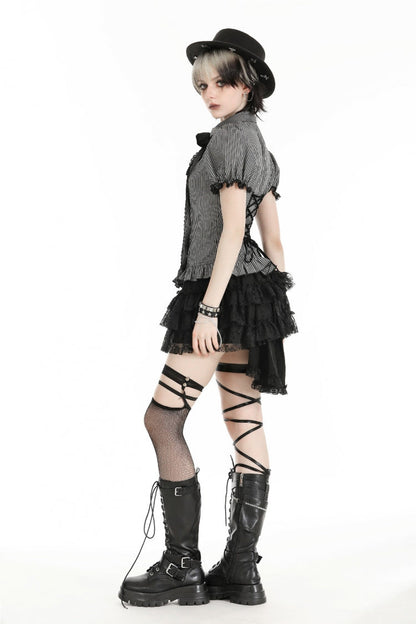 Black Multi-Layered Lace Women's Gothic Puffy Skirt with Detachable Swallow Tail