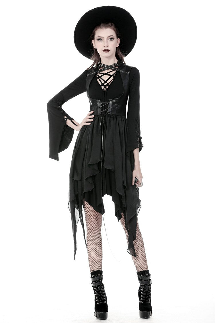 Black Chiffon Sleeveless Cut-Out Chest Irregular Hem Lace-Up Buckled Women's Punk Jacket