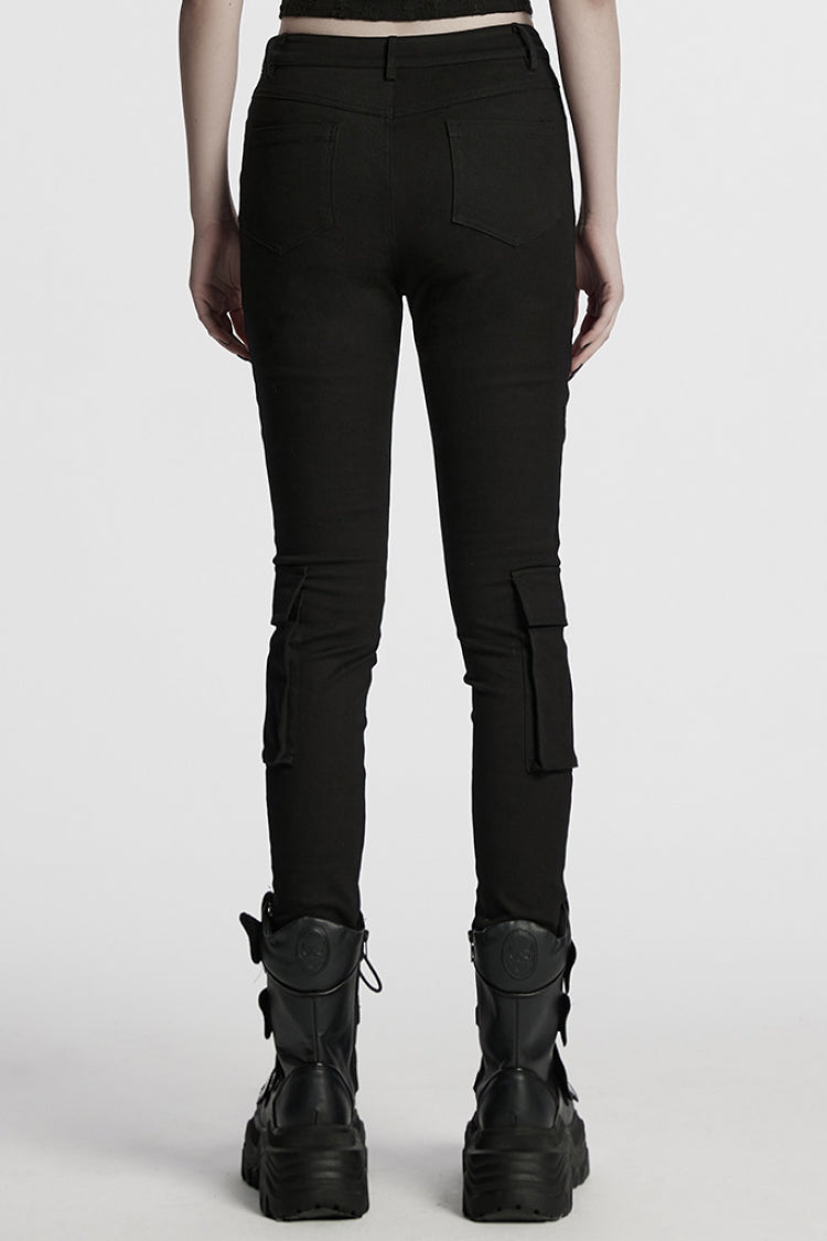 Black Lace-Up Strappy Big-pocket Women's Punk Leggings