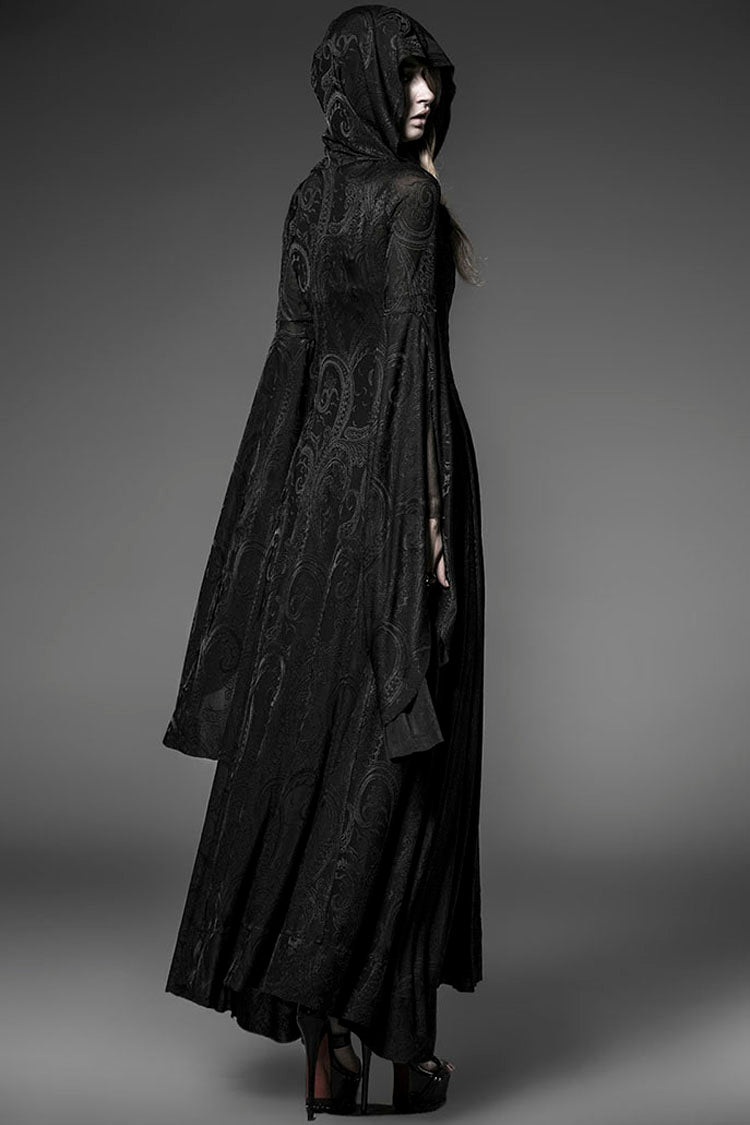 Black Hooded Metal Buckle Long Trumpet Sleeves Embroidery Womens Gothic Dress