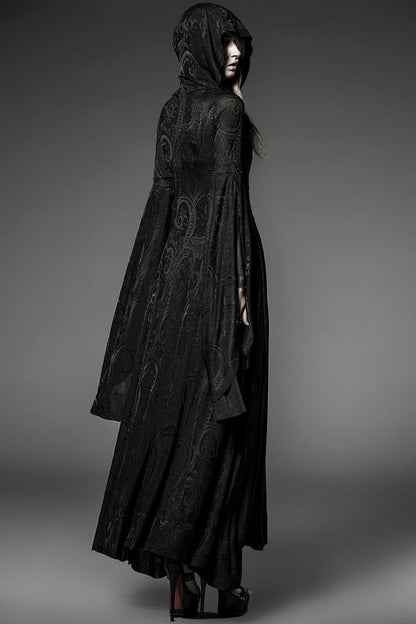 Black Hooded Metal Buckle Long Trumpet Sleeves Embroidery Womens Gothic Dress