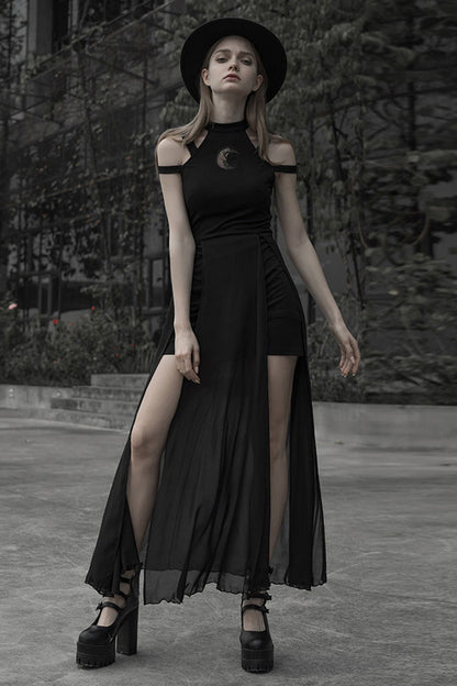 Black Lunar Printed Mesh Stitching Long Women's Gothic Dress