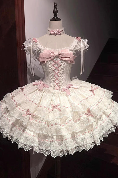 Apricot [Flora Isle Butterfly] Sleeveless Ruffle Bowknot Lace Lace-Up Sweet Elegant Lolita Jsk Dress