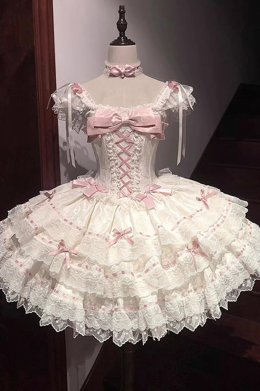 Apricot [Flora Isle Butterfly] Sleeveless Ruffle Bowknot Lace Lace-Up Sweet Elegant Lolita Jsk Dress